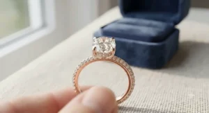 A brilliant rose gold oval cut engagement ring accented by a delicate micro-pave diamond band.