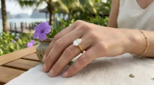 Unique pear-shaped yellow gold engagement ring for women in a modern gold prong setting.