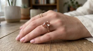 Teardrop pear shaped morganite engagement ring set in a polished 18k rose gold band.