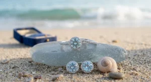 A cushion cut light blue aquamarine engagement ring set in a warm 14k rose gold band.