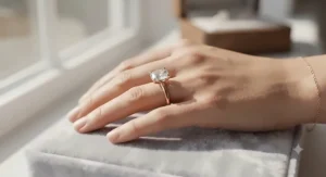 Cushion cut diamond rose gold engagement ring for women on a finger