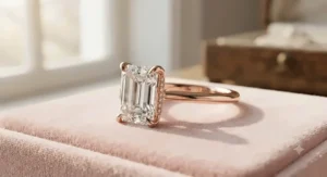 Sophisticated emerald cut diamond engagement ring in rose gold for women