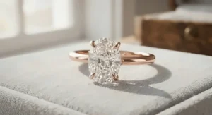 Elegant oval cut diamond set in a polished rose gold engagement ring for women