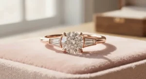 Three stone rose gold engagement ring for women with tapered side diamonds