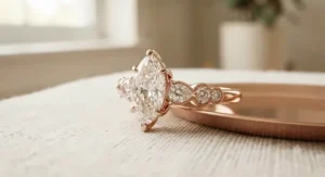Elegant rose gold marquise ring accented with sparkling pear and round side stones.