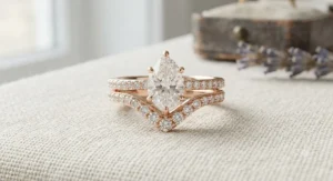 A matched bridal set featuring a rose gold pear shaped ring paired with a curved diamond wedding band.