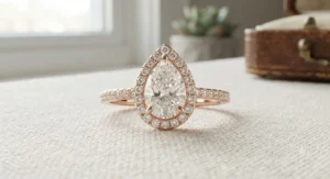 A stunning rose gold pear shaped ring surrounded by a sparkling diamond halo setting.