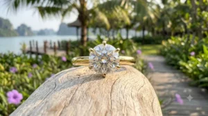 A timeless round-cut diamond yellow gold engagement ring for women with a slim band.