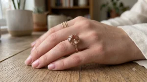 Round brilliant cut peach morganite engagement ring with a dainty rose gold pave diamond band.