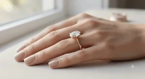 A classic solitaire rose gold oval engagement ring worn on a finger, showcasing a sleek and timeless design.