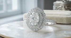 Luxurious double-halo white gold oval engagement ring designed for maximum brilliance.