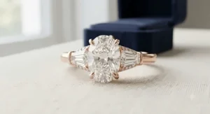 A luxurious three-stone rose gold oval diamond engagement ring with tapered baguette side stones.