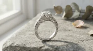Intricate vintage-inspired white gold engagement ring with milgrain detailing.