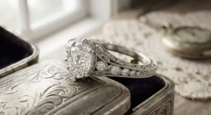 Antique-style white gold oval engagement ring with intricate milgrain detailing and side stones.