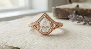 An antique-inspired rose gold pear shaped engagement ring with intricate filigree and pave diamonds.