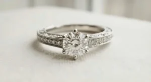 Vintage inspired platinum engagement ring for women featuring delicate pave diamond details.