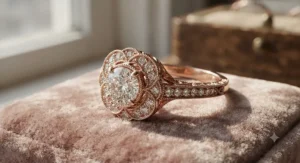 Vintage-inspired rose gold engagement ring for women featuring an intricate halo setting