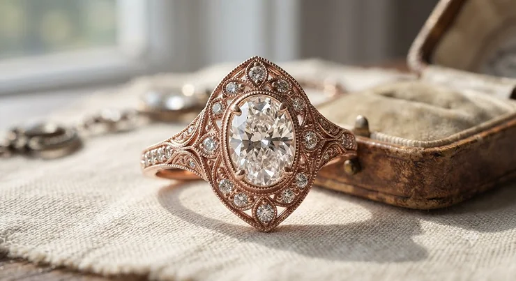 An antique-inspired rose gold oval cut engagement ring with intricate filigree and milgrain detailing.