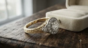 An elegant vintage-inspired two tone engagement ring for women, blending yellow gold and white gold with intricate diamond details.
