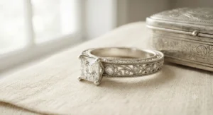 Vintage inspired white gold princess cut engagement ring showcasing intricate milgrain detailing.