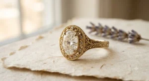 Intricate vintage-inspired yellow gold oval engagement ring with detailed setting.