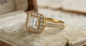 Vintage inspired yellow gold princess cut ring featuring a sparkling diamond halo