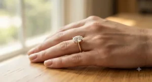 A beautiful yellow gold oval engagement ring worn on a person's hand.