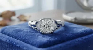 Art Deco inspired cushion cut engagement ring featuring geometric side details and intricate metalwork.