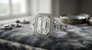 Art deco style white gold emerald cut diamond ring with intricate milgrain detailing.