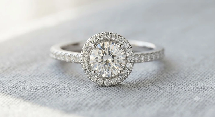 A classic round-cut diamond halo engagement ring set in 14k white gold, featuring a brilliant center stone surrounded by a delicate pave halo. halo engagement ring women
