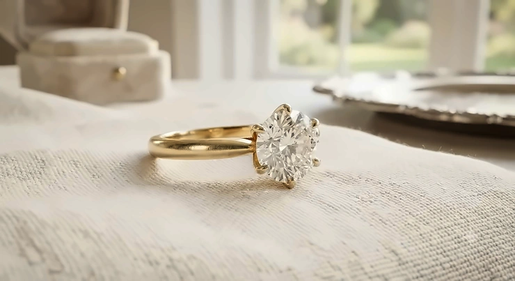 Classic solitaire engagement ring for women featuring a brilliant round diamond on a yellow gold band.