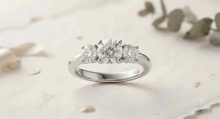 A classic platinum three-stone engagement ring featuring brilliant round cut diamonds set on a polished band.