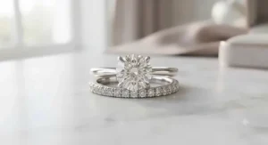 A custom-fit curved contour engagement ring and wedding band set seamlessly nestling together to frame a round brilliant center diamond.