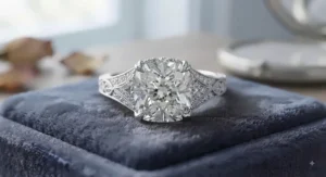 Close-up view of a custom cushion cut engagement ring highlighting the brilliant facets and high-set diamond.
