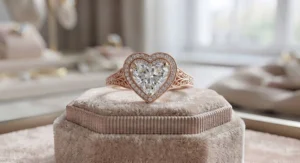 A glamorous double halo heart shaped engagement ring with intricate vintage filigree.
