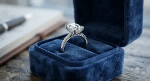 Custom designed white gold emerald cut diamond ring resting in a luxury velvet ring box.