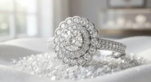 A glamorous double-halo diamond engagement ring providing extra sparkle for a bold, luxurious look.
