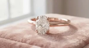 Rose gold oval cut diamond engagement ring featuring secure double claw prongs and a slim band.