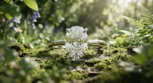 Sustainable lab-grown oval diamond engagement ring gleaming in natural daylight outdoors.