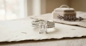 A beautiful wedding ring stack featuring an emerald cut engagement ring paired with a dainty pavé diamond wedding band.