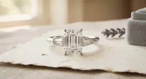 A sophisticated engagement ring with a large emerald cut center diamond flanked by two tapered baguette side stones.