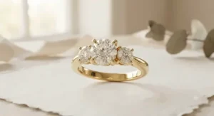 A close-up view of a yellow gold three-stone engagement ring displaying secure prong settings and high-clarity diamonds.