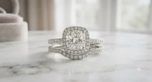 A sparkling halo engagement ring and matching wedding band set featuring a cushion-cut center diamond surrounded by a dazzling micropavé border.