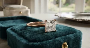 Lab-grown diamond solitaire engagement ring for women displayed on a velvet ring box.