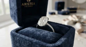 Large carat weight oval diamond engagement ring resting elegantly inside a luxury velvet ring box.