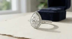 A luxurious pear-shaped engagement ring set with a pavé diamond band for added sparkle and glamour.