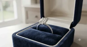 A high-end platinum emerald cut ring displayed beautifully inside a velvet presentation box.