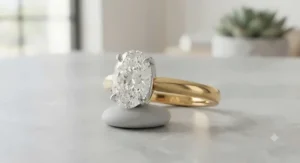 Luxury two-tone oval solitaire engagement ring on a sleek mixed-metal tapered band.