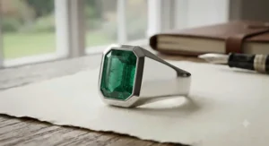 A sophisticated men's platinum ring featuring a sleek step-cut emerald center stone.