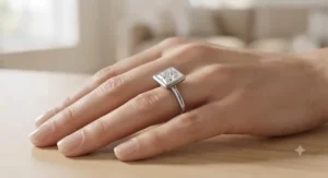 Minimalist bezel set princess cut engagement ring worn on a finger showcasing a sleek contemporary design